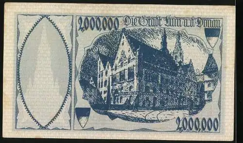 Notgeld Ulm 1923, 2 Millionen Mark, Ulmer Münster und Gebäudeansicht