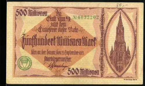 Notgeld Ulm 1923, 500 Millionen Mark, Ulmer Münster und Rathausabbildungen