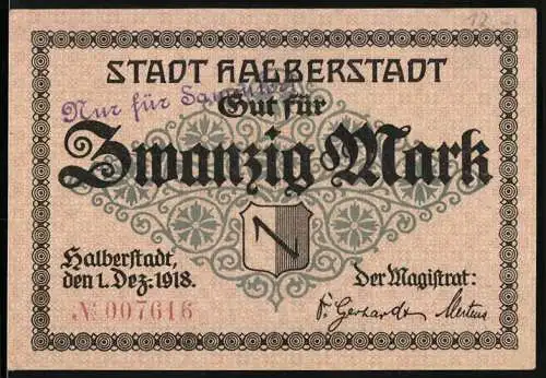 Notgeld Halberstadt 1918, 20 Mark, Stadt Halberstadt, Motiv mit Gebäuden und Ornamenten, gültig 1 Monat nach Aufruf