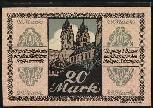 Notgeld Halberstadt 1918, 20 Mark, Stadt Halberstadt, Motiv mit Gebäuden und Ornamenten, gültig 1 Monat nach Aufruf