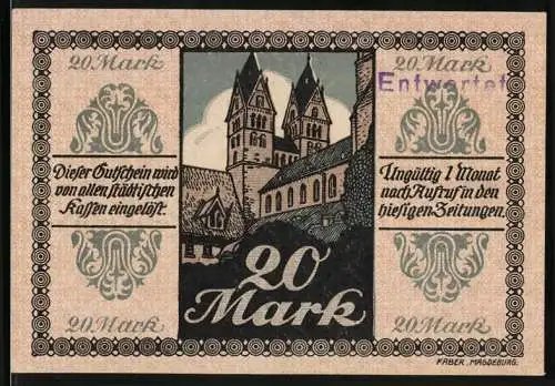 Notgeld Halberstadt, 1918, 20 Mark, Stadtansicht mit Kirche und Ornamenten, Entwertet, Nr. 002389
