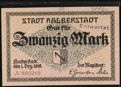 Notgeld Halberstadt, 1918, 20 Mark, Stadtansicht mit Kirche und Ornamenten, Entwertet, Nr. 002389