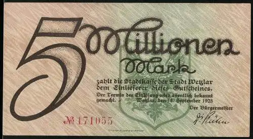 Notgeld Wetzlar 1923, 5 Millionen Mark, Stadtansicht und Stadtwappen