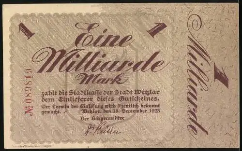 Notgeld Wetzlar 1923, 1 Milliarde Mark, Dom zu Wetzlar mit Hauptwache um 1850