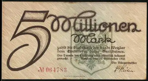 Notgeld Wetzlar, 1923, 5 Millionen Mark, Stadtansicht und Versammlungsszene