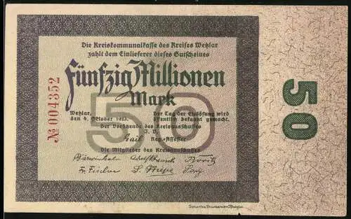 Notgeld Wetzlar 1923, 50 Millionen Mark, Vorderseite Text mit Wert und Rückseite Fachwerkhäuser in Dutenhofen