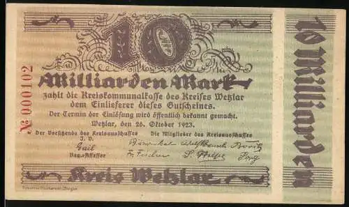 Notgeld Wetzlar 1923, 10 Milliarden Mark, Vorderseite: Text und Unterschriften, Rückseite: Bauernhaus in Schwarz-Weiss