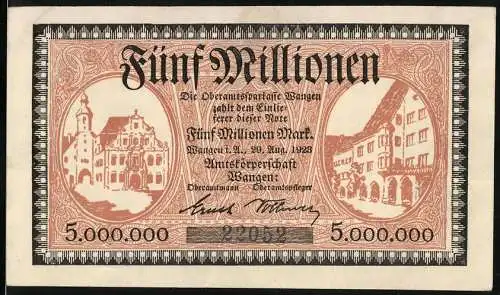 Notgeld Wangen, 1923, 5.000.000 Mark, Amtskörperschaft Wangen, Gebäudeansichten