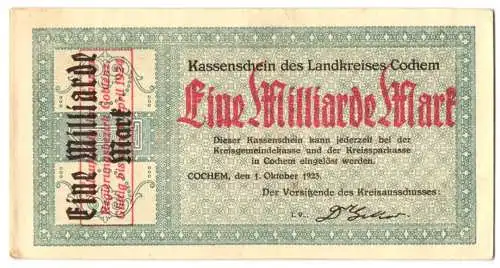 Notgeld Cochem 1923, Eine Milliarde Mark, Kassenschein des Landkreises Cochem, grünes und rotes Muster