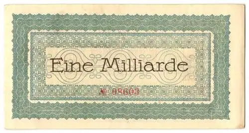 Notgeld Cochem 1923, Eine Milliarde Mark, Kassenschein des Landkreises Cochem, grünes und rotes Muster