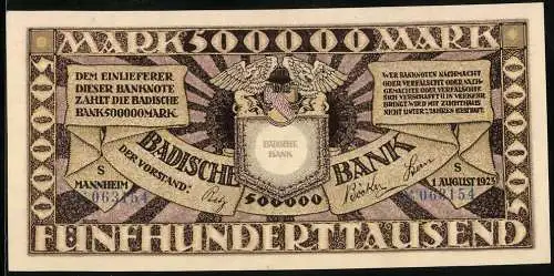 Notgeld Mannheim 1923, 500000 Mark, Badische Bank mit Adler und Figur mit Hammer und Fackel