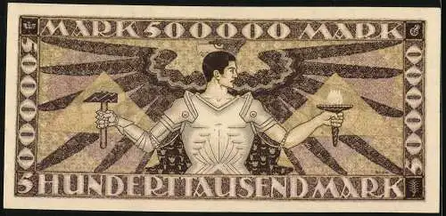 Notgeld Mannheim 1923, 500000 Mark, Badische Bank mit Adler und Figur mit Hammer und Fackel