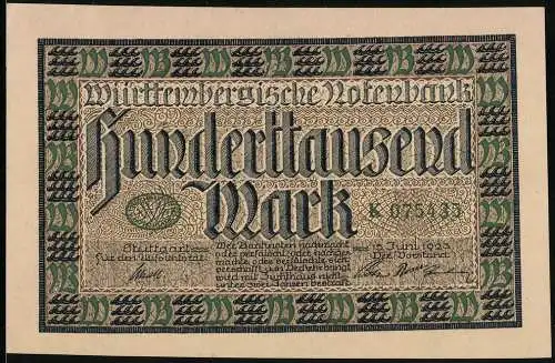 Notgeld Stuttgart / Württemberg 1923, 100000 Mark, Württembergische Notenbank mit dekorativem Rand und Schriftzug