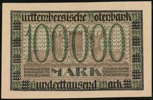 Notgeld Stuttgart / Württemberg 1923, 100000 Mark, Württembergische Notenbank mit dekorativem Rand und Schriftzug