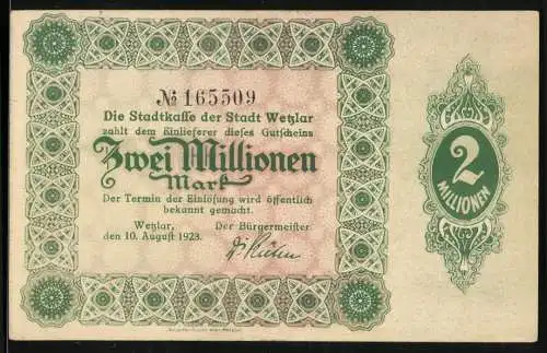 Notgeld Wetzlar 1923, 2 Millionen Mark, grüne Verzierung mit Nummer und Rückseite mit Lottehaus