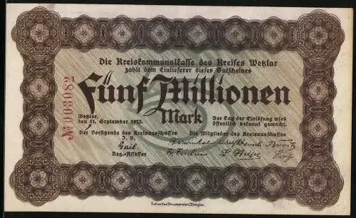 Notgeld Wetzlar 1923, 5 Millionen Mark, Fachwerkhaus in Oberkleen