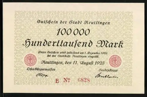 Notgeld Reutlingen 1923, 100000 Mark, Gültig bis 1. Dezember 1923, Seriennummer B No 6828