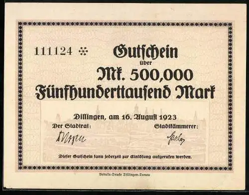 Notgeld Dillingen 1923, 500000 Mark, Gutschein mit Bischöflichem Klerikalseminar rückseitig