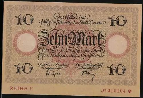 Notgeld Dresden, 1918, 10 Mark, Gutschein der Stadt Dresden mit Stadtansicht und Wappen