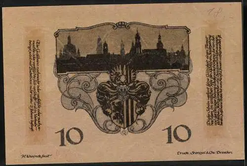 Notgeld Dresden, 1918, 10 Mark, Gutschein der Stadt Dresden mit Stadtansicht und Wappen