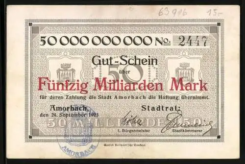 Notgeld Amorbach 1923, 50 Milliarden Mark, Stadtwappen und Abteikirche