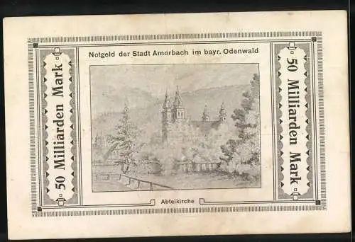 Notgeld Amorbach 1923, 50 Milliarden Mark, Stadtwappen und Abteikirche