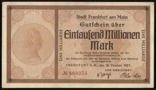Notgeld Frankfurt am Main 1923, 1000 Millionen Mark, Portrait und Gebäude Hirschgraben