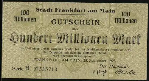 Notgeld Frankfurt am Main, 1923, 100 Millionen, Gutschein über Hundert Millionen Mark, Serie B, Stadtansichten