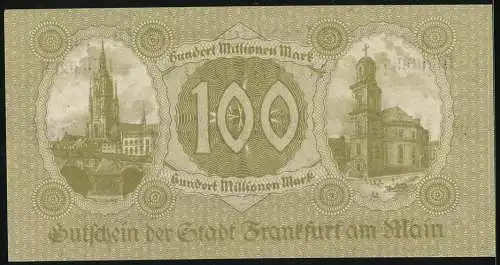 Notgeld Frankfurt am Main, 1923, 100 Millionen, Gutschein über Hundert Millionen Mark, Serie B, Stadtansichten