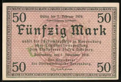 Notgeld Ravensburg 1918, 50 Mark, Kriegsbild mit Burgmotiv und Seriennummer 01293
