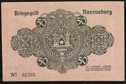 Notgeld Ravensburg 1918, 50 Mark, Kriegsbild mit Burgmotiv und Seriennummer 01293
