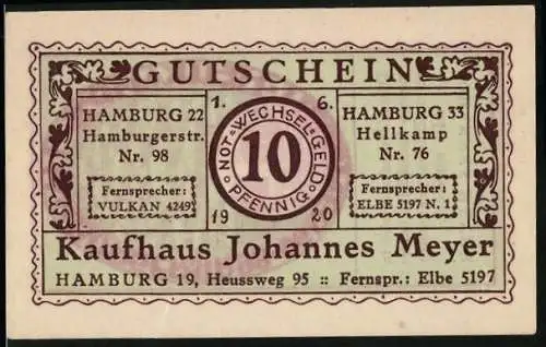 Notgeld Hamburg 1920, 10 Pfennig, Kaufhaus Johannes Meyer