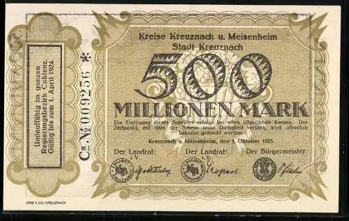 Notgeld Kreuznach und Meisenheim 1923, 500 Millionen Mark, historische Stadtansicht und offizielle Unterschriften
