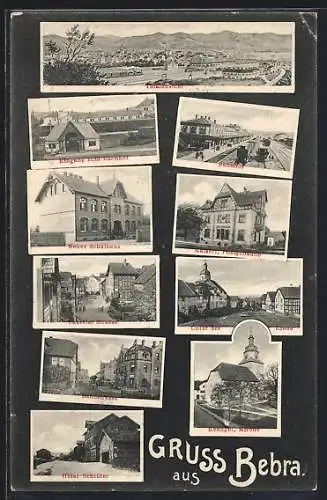 AK Bebra, Totalansicht, Bahnhof, kaiserliches Postgebäude, unter der Linde, neues Schulhaus