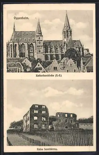 AK Oppenheim, Katharinenkirche, Ruine Landskrone