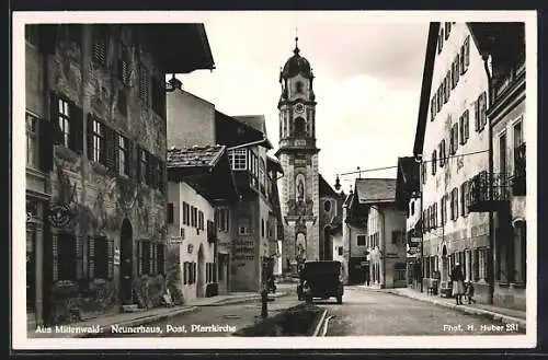 AK Mittenwald, Neunerhaus, Post & Pfarrkirche, Kaiser's Kaffee Geschäft, Bäckerei & Konditorei, Gasthaus