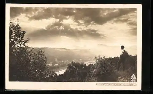 Foto-AK Walter Hahn, Dresden, Nr. 920: Postelwitz, Ortsansicht und die Schrammsteine