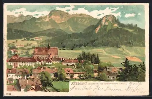 Lithographie Neuberg /Mürz, Totalansicht mit Bergen im Hintergrund