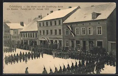 AK Ortelsburg, Markt vor der Zerstörung durch die Russen, parade am 27. Januar 1914