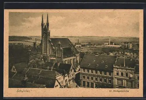 AK Schwiebus, Teilansicht mit St. Michaelskirche und Fernblick aus der Vogelschau