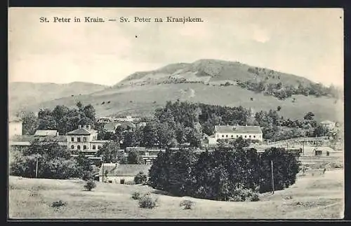 AK St. Peter in Krain, Ortsansicht mit Hügeln