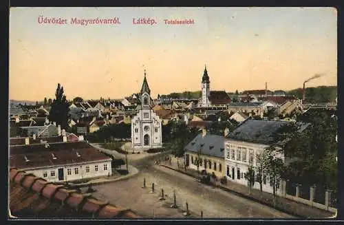 AK Magyaróvar, Totalansicht mit Strasse und Kirche aus der Vogelschau