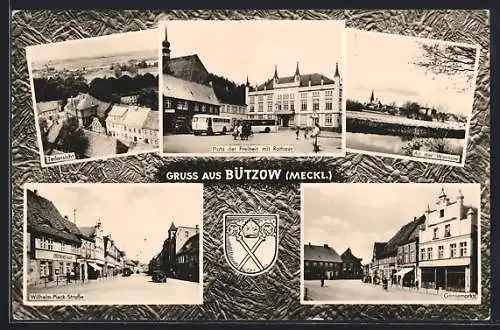 AK Bützow / Meckl., Wilhelm-Pieck-Strasse, Gänsemarkt, Platz der Freiheit mit Rathaus