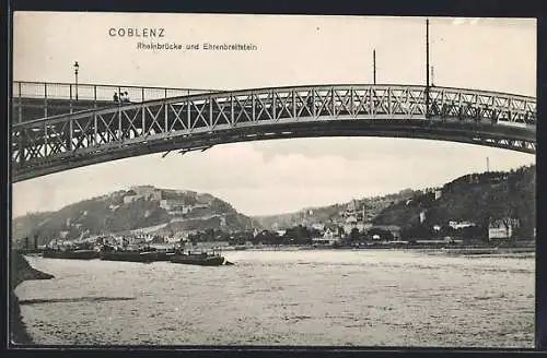 AK Coblenz, Rheinbrücke und Ehrenbreitstein, Dampfer