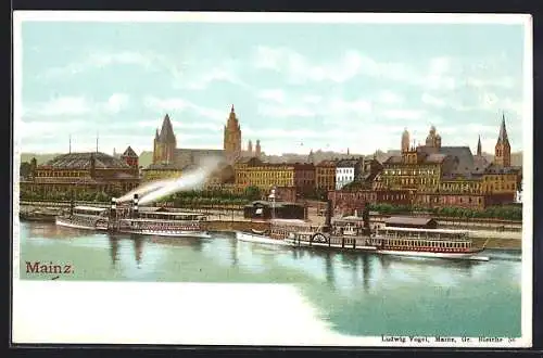 Lithographie Mainz, Uferpartie mit Kirche und Dampfern