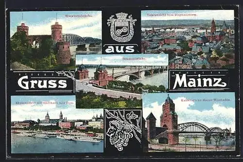 AK Mainz, Totalansicht mit Stephansturm, an der Eisenbahnbrücke, Stadthalle und Dom