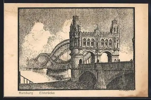 Künstler-AK Hamburg-Rothenburgsort, Elbbrücke