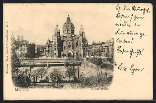 AK München, Lukaskirche mit Brücke