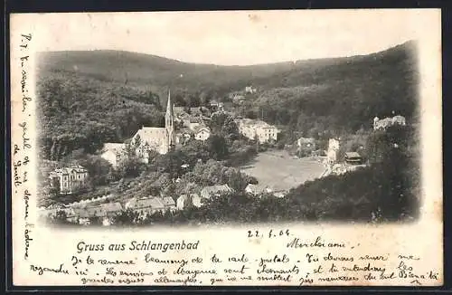 AK Schlangenbad, Ortsansicht mit Kirche aus der Vogelschau