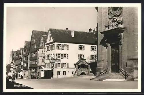 AK Hechingen, Strassenpartie mit Kirchenportal und Cafe Röcker